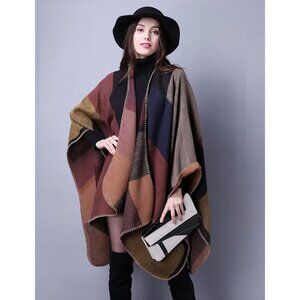 Multicolor Colorblock Print‎ Knit Poncho Fringe Shawl Cape Pashmina Wrap Sweater